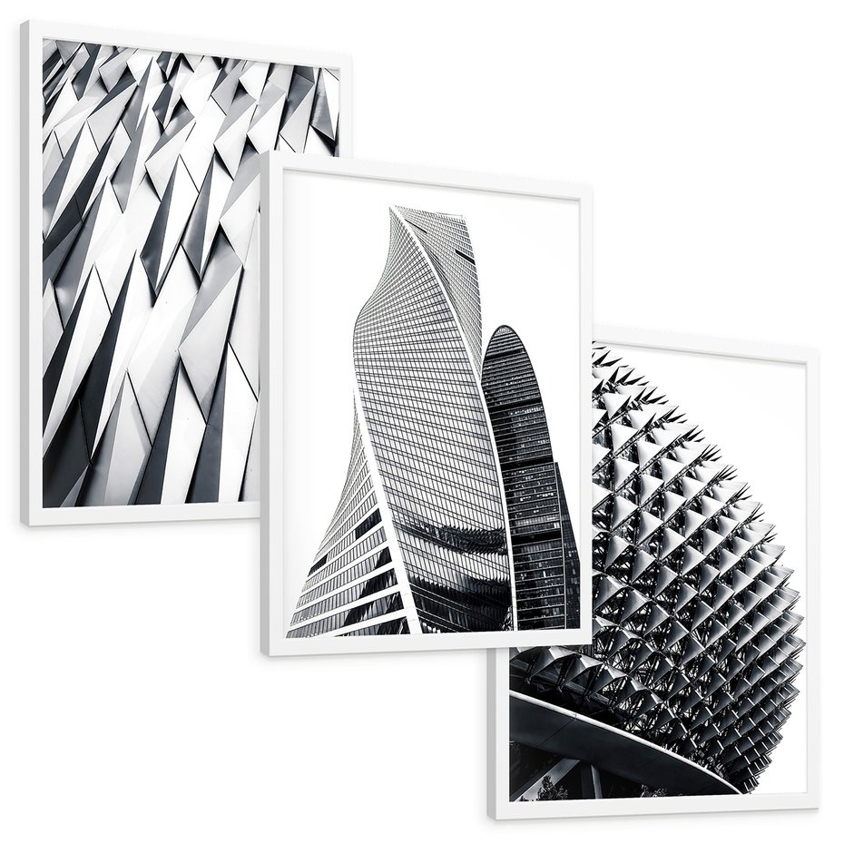 Zestaw obrazy w ramie, plakaty - architektura, budynki, nowoczesność - rama biała