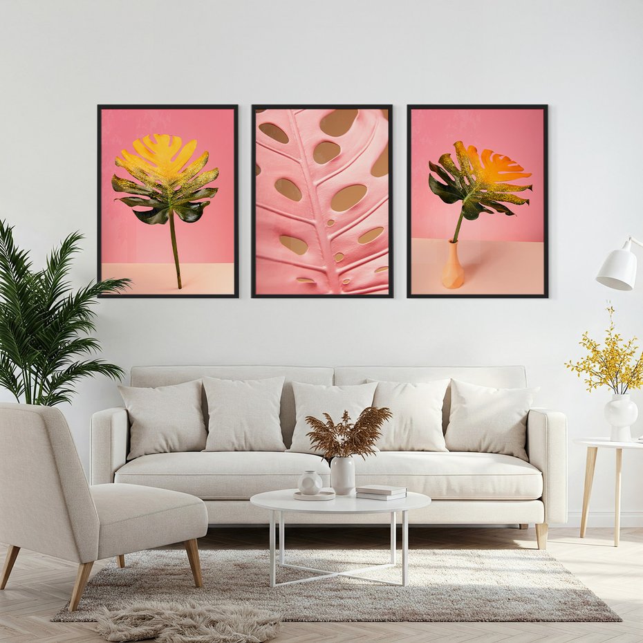 Zestaw obrazy w ramie, plakaty - liść, monstera, roślina - rama czarna