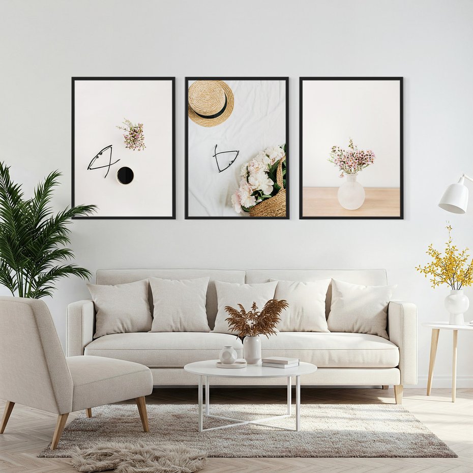 Zestaw obrazy w ramie, plakaty - kwiaty, okulary, kompozycja - rama czarna