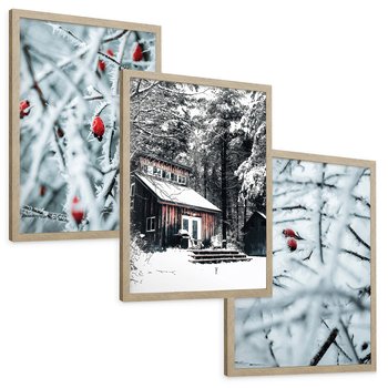 Zestaw obrazy w ramie, plakaty - zima, śnieg, mróz - rama drewno
