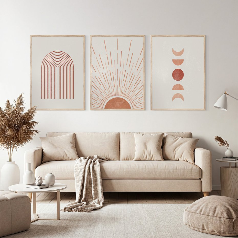 Zestaw obrazy w ramie, plakaty - abstrakcja, boho, minimalizm - rama drewno