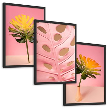 Zestaw obrazy w ramie, plakaty - liść, monstera, roślina - rama czarna