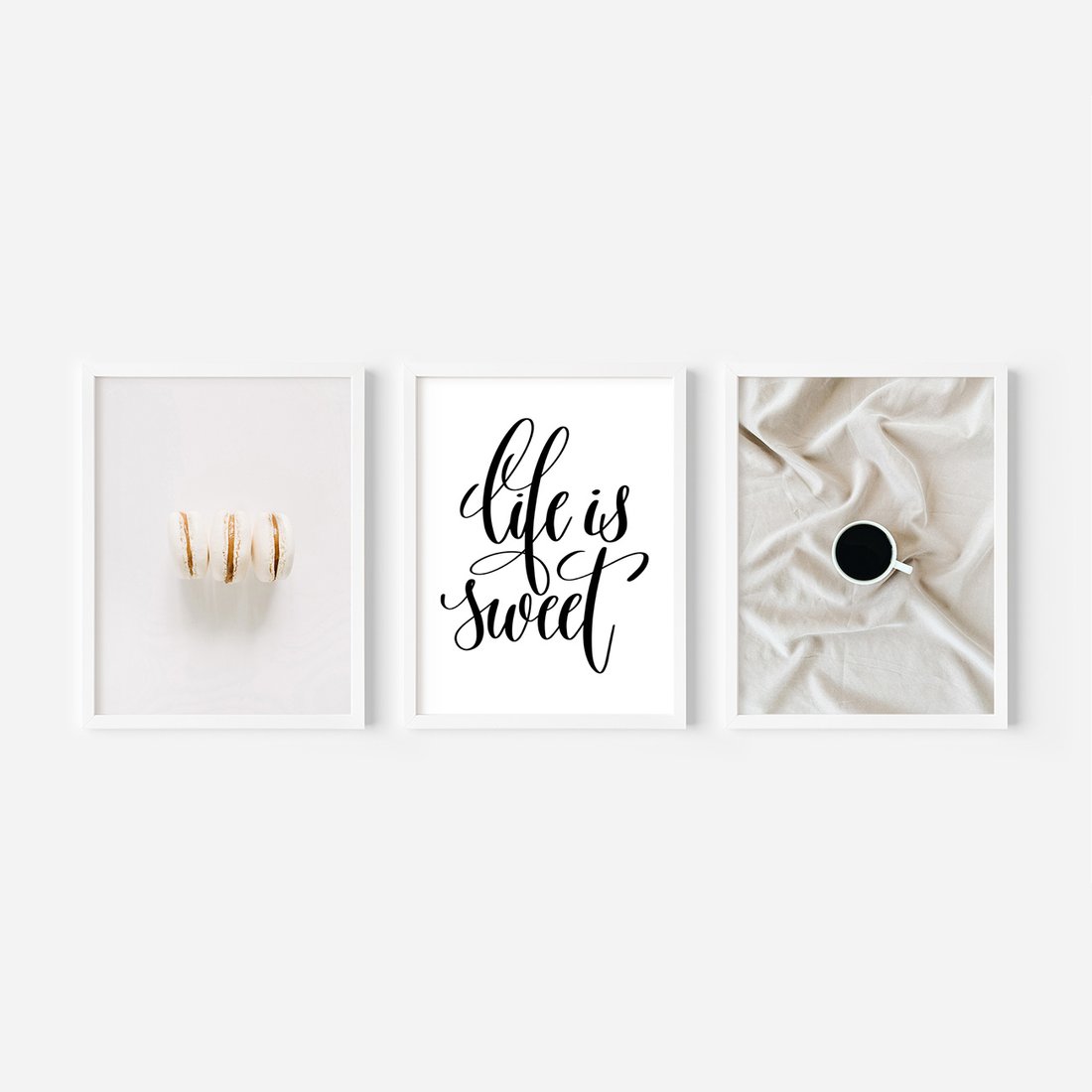 Zestaw obrazy w ramie, plakaty - makaroniki, kawa, napisy - rama biała