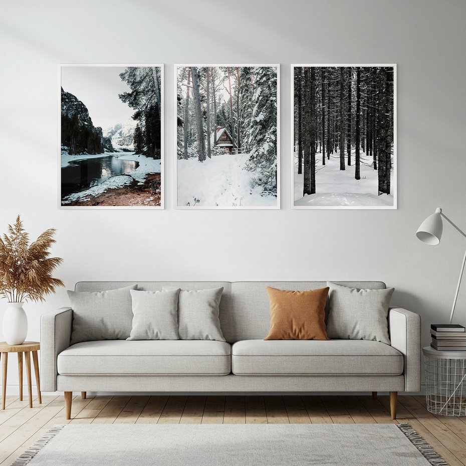 Zestaw obrazy w ramie, plakaty - zima, śnieg, las - rama biała