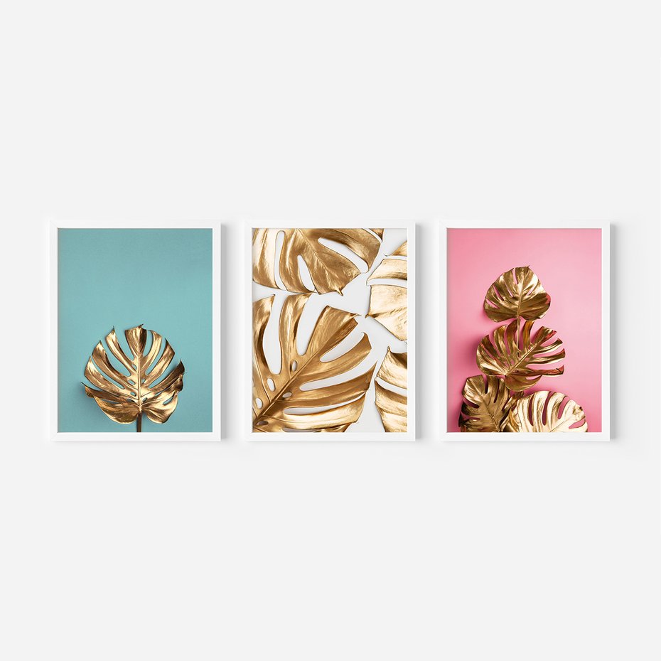 Zestaw obrazy w ramie, plakaty - liście, złoty, monstera - rama biała