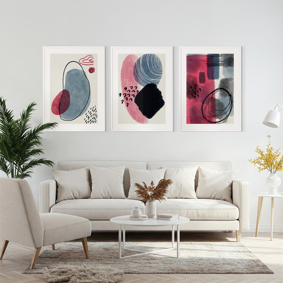 Zestaw obrazy w ramie, plakaty - abstrakcja, pastelowe, plamy, - rama biała