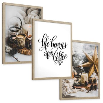 Zestaw obrazy w ramie, plakaty - kawa, świece, dekoracje - rama drewno