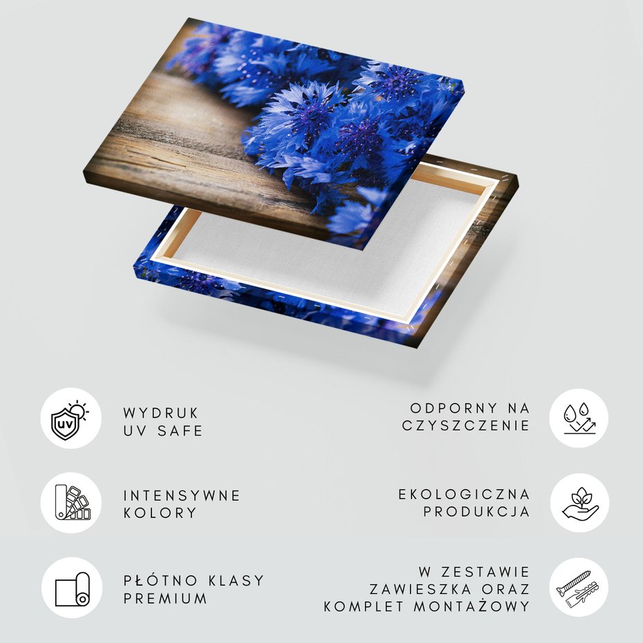 Obraz na płótnie - kwiaty, niebieski, drewno