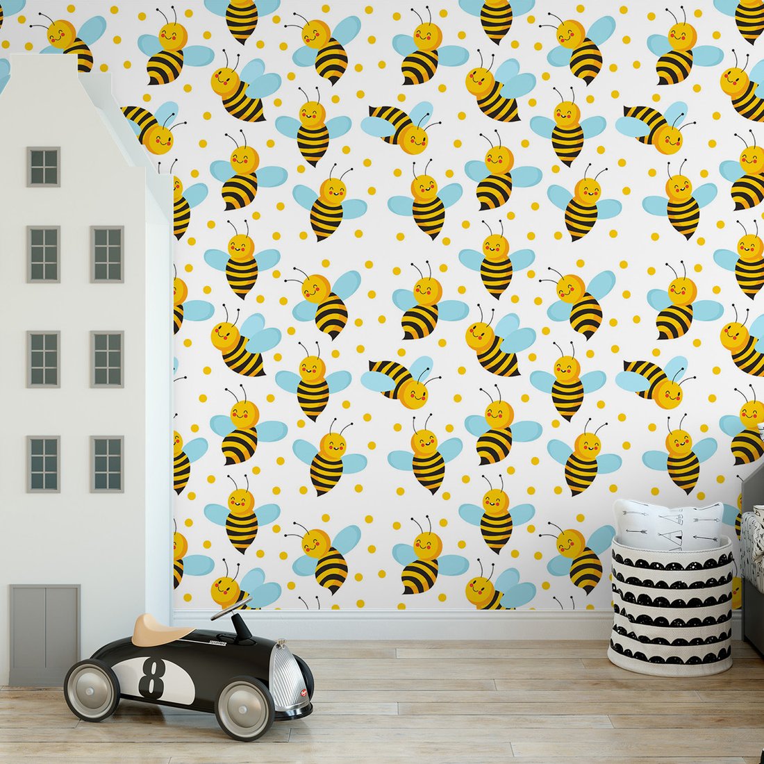 Tapeta - dziecięca, pszczoły, kropki, tło