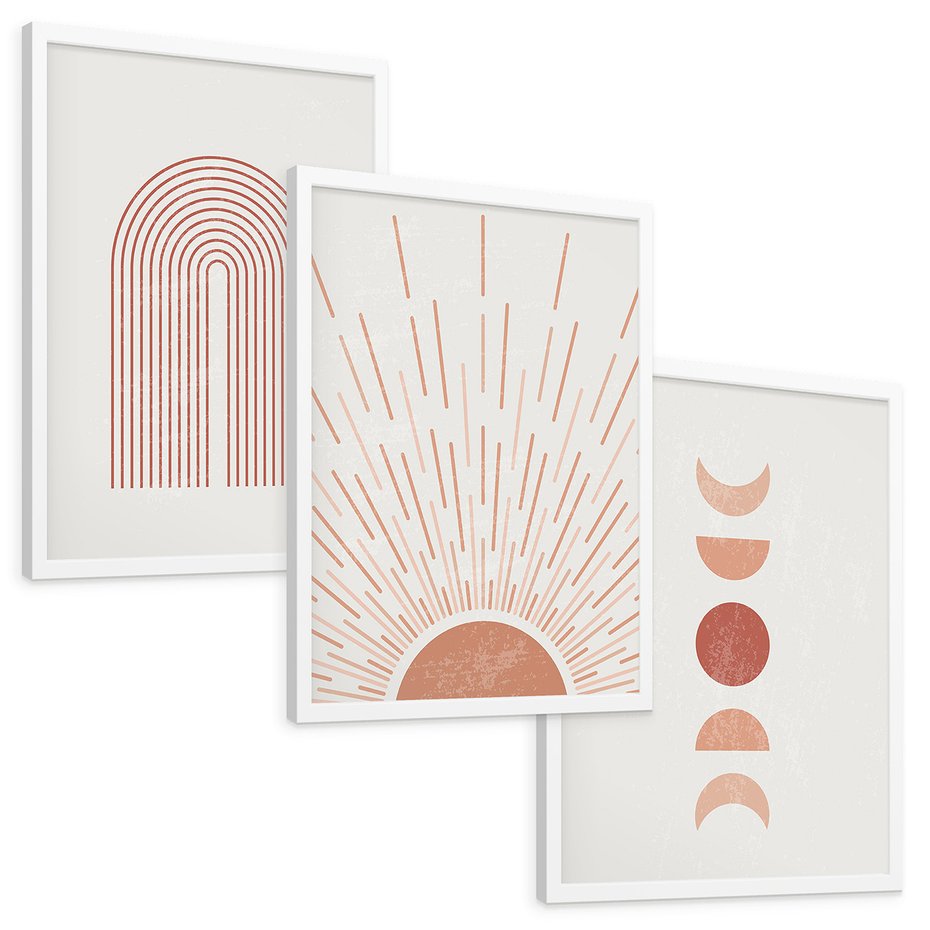 Zestaw obrazy w ramie, plakaty - abstrakcja, boho, minimalizm - rama biała