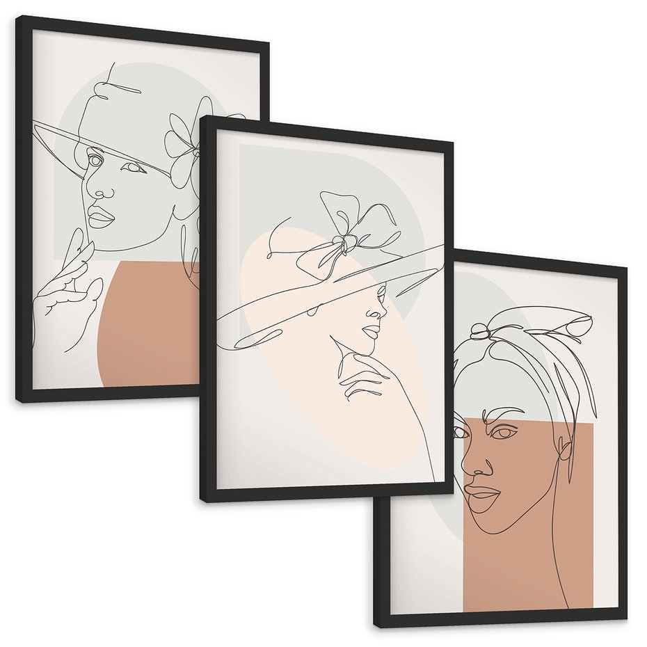 Zestaw obrazy w ramie, plakaty - kobieta, kapelusz, portret - rama czarna