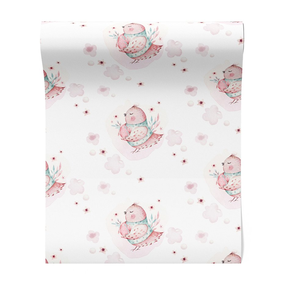 Tapeta - dziecięca, ptak, kwiaty, chmury