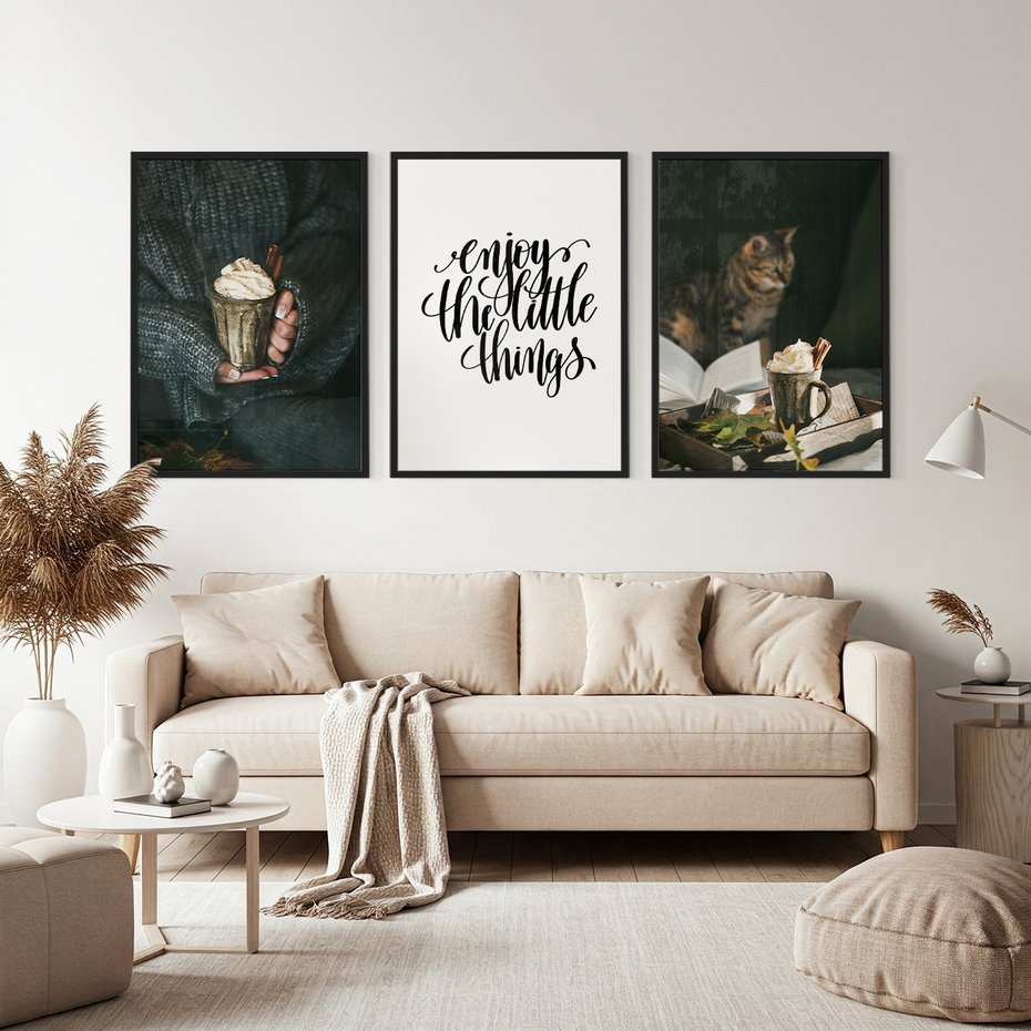 Zestaw obrazy w ramie, plakaty - jesień, napój, kot - rama czarna