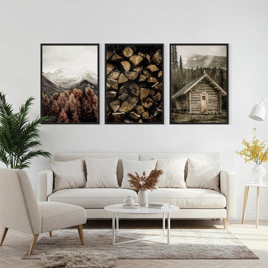 Zestaw obrazy w ramie, plakaty - góry, drewno, las - rama czarna