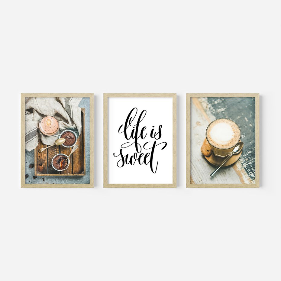 Zestaw obrazy w ramie, plakaty - kawa, deser, napój - rama drewno