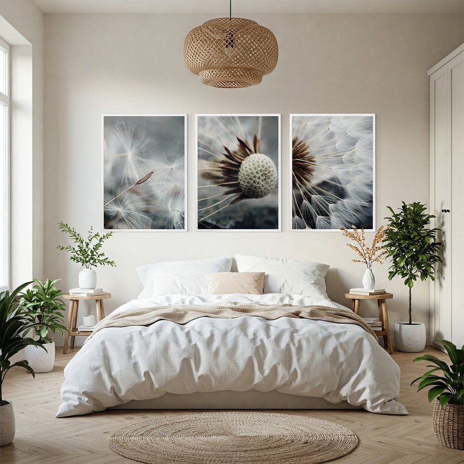 Zestaw obrazy w ramie, plakaty - dmuchawiec, nasiona, natura - rama biała