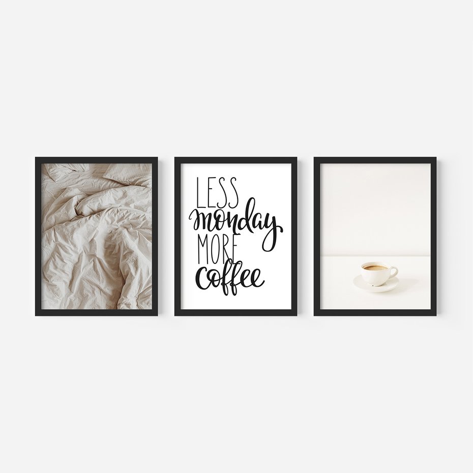 Zestaw obrazy w ramie, plakaty - kawa, łóżko, minimalizm - rama czarna