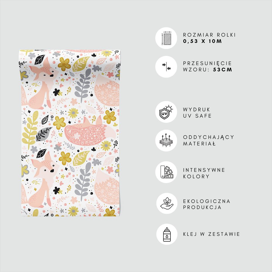 Tapeta - dziecięca, lis, kwiaty, liście