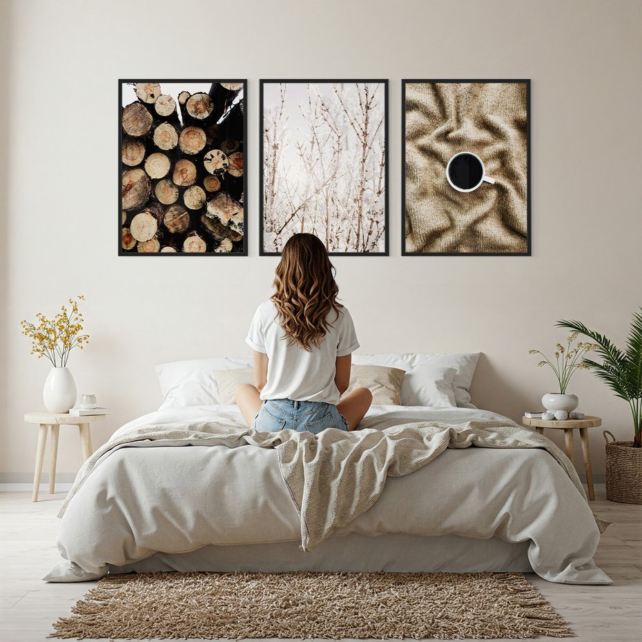 Zestaw obrazy w ramie, plakaty - drewno, zima, sweter - rama czarna
