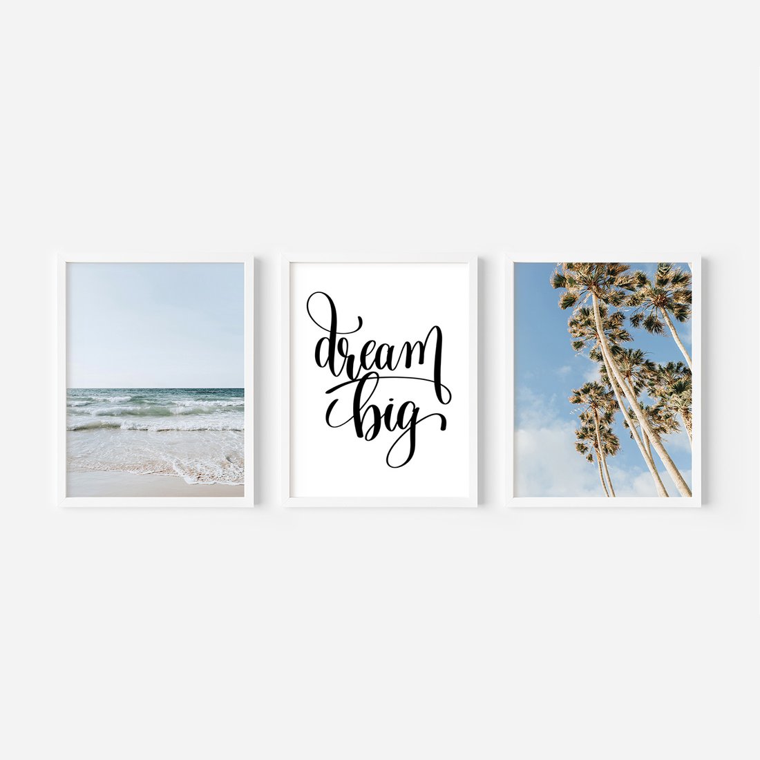 Zestaw obrazy w ramie, plakaty - plaża,palmy,morze - rama biała