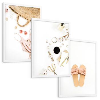 Zestaw obrazy w ramie, plakaty - akcesoria, różowy, złoty - rama biała