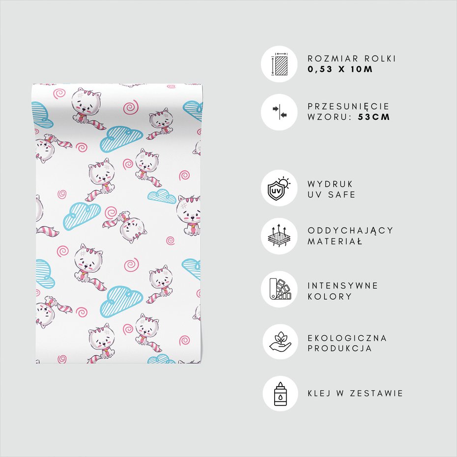 Tapeta - dziecięca, koty, chmury, spirale