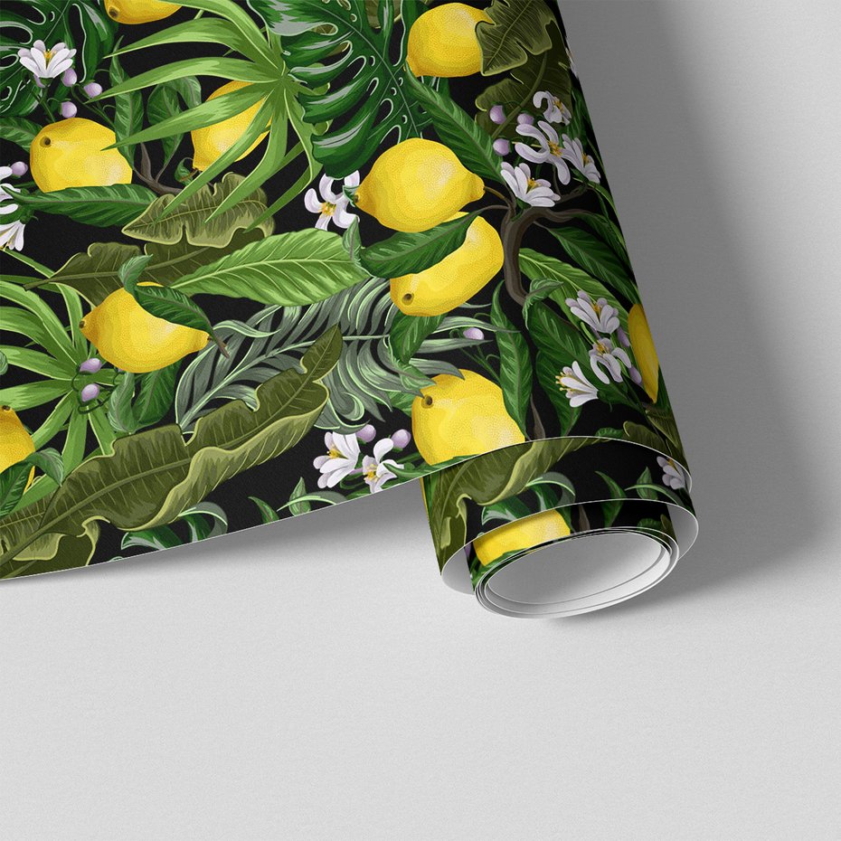 Tapeta - liście, cytryny, kwiaty