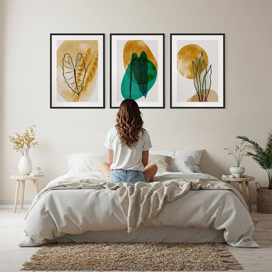 Zestaw obrazy w ramie, plakaty - liście, abstrakcja, rośliny - rama czarna