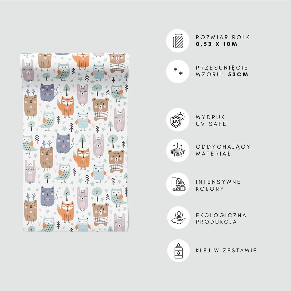 Tapeta - dziecięca, zwierzęta, drzewa, gwiazdy