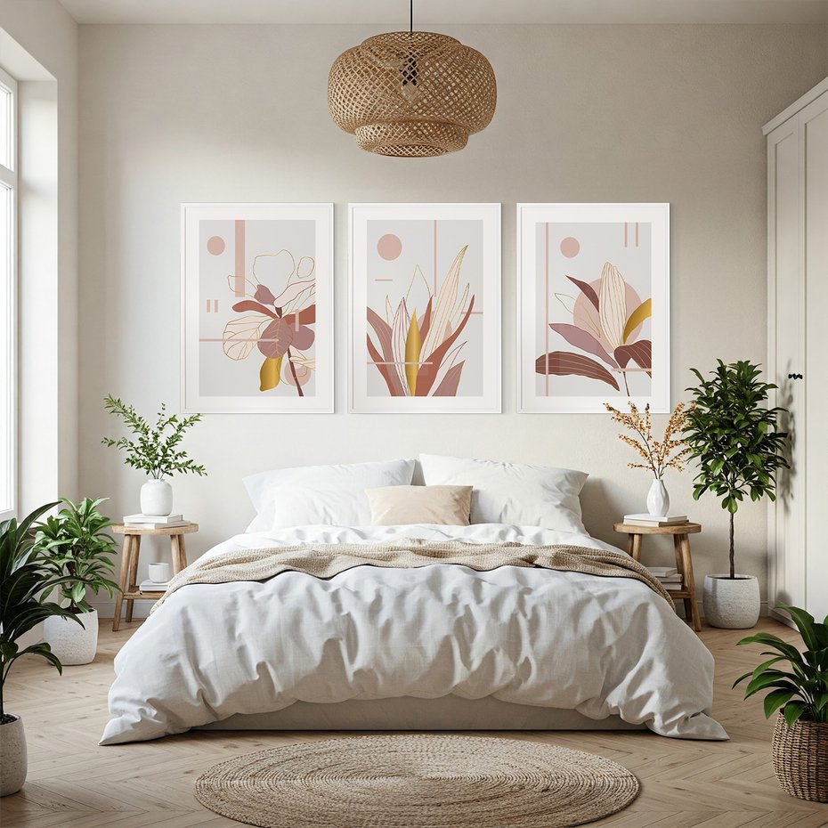 Zestaw obrazy w ramie, plakaty - liście, złoto, abstrakcja - rama biała