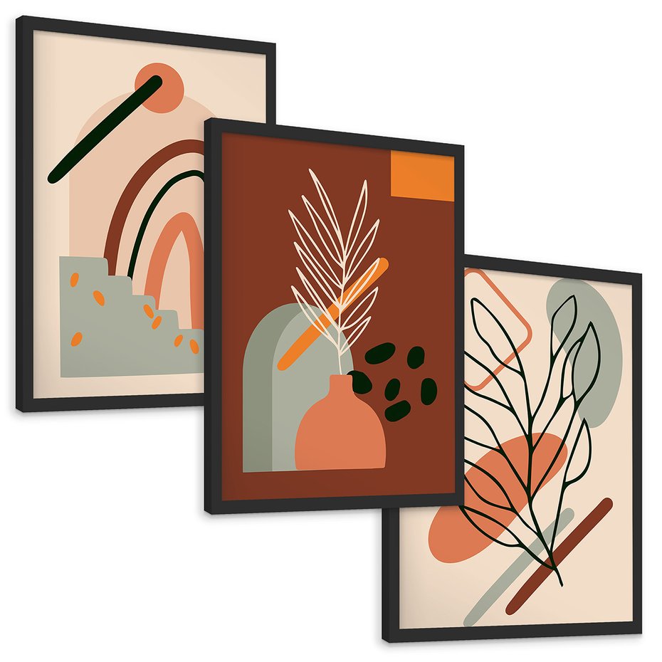 Zestaw obrazy w ramie, plakaty - abstrakcja, liście, rośliny - rama czarna