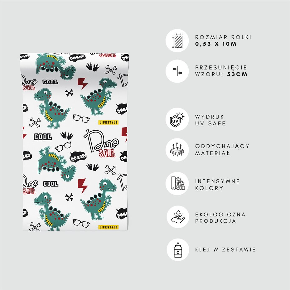 Tapeta - dziecięca, dinozaury, okulary, napisy