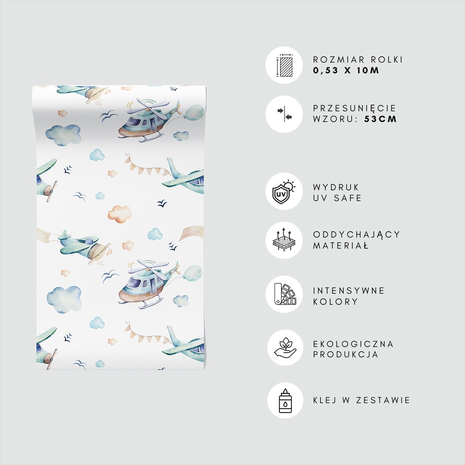 Tapeta - dziecięca, samoloty, helikopter, chmury
