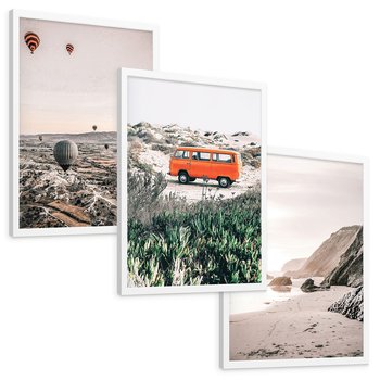 Zestaw obrazy w ramie, plakaty - balony, morze, plaża - rama biała