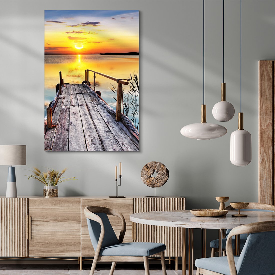 Obraz na płótnie - pomost, zachód słońca, woda