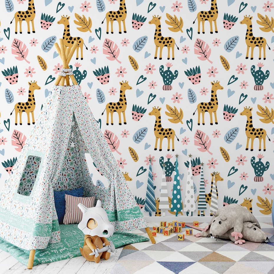 Tapeta - dziecięca, żyrafa, liście, kwiaty