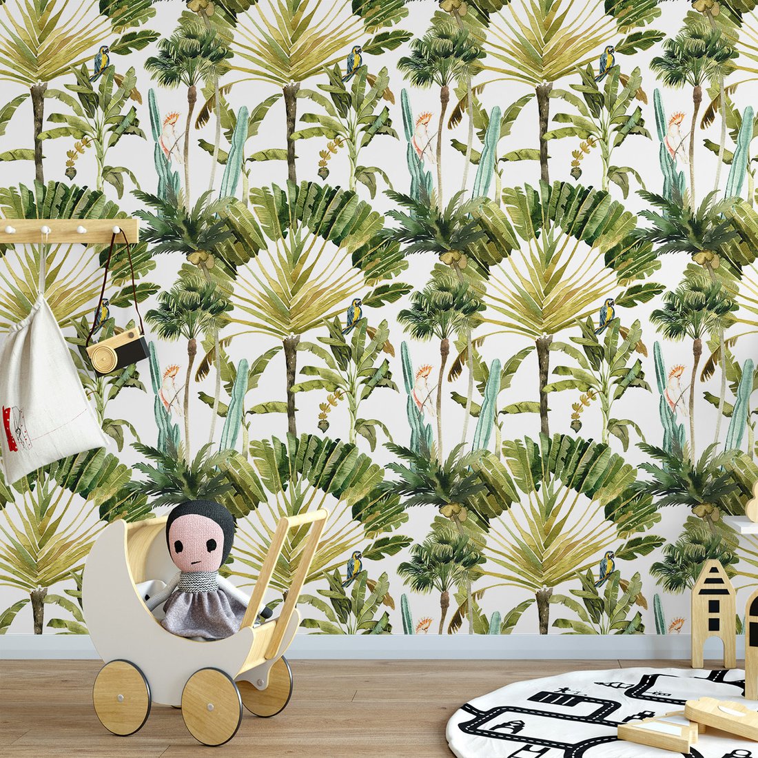 Tapeta - liście, papugi, dżungla