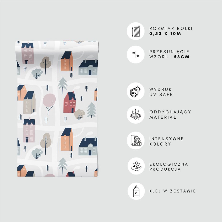 Tapeta - dziecięca, domy, drzewa,