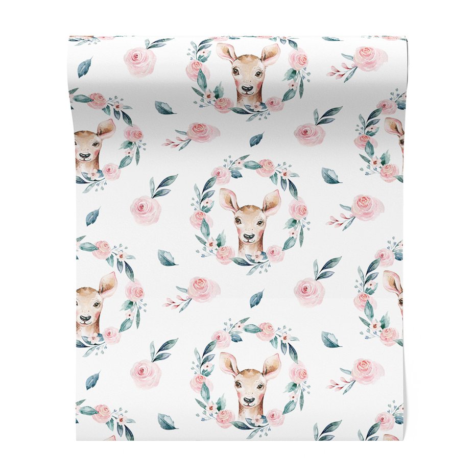 Tapeta - dziecięca, jeleń, róże, liście