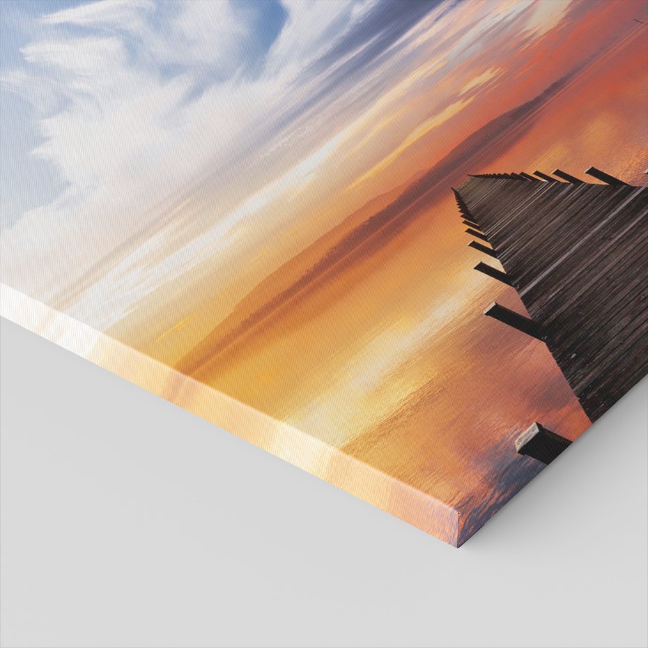 Obraz na płótnie - jezioro, molo, zachód słońca