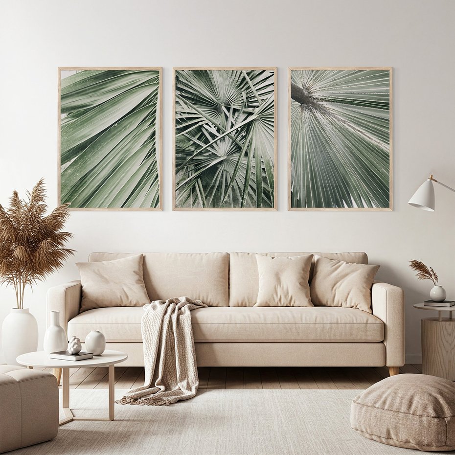 Zestaw obrazy w ramie, plakaty - liście palmowe, rośliny, natura - rama drewno