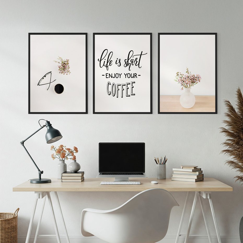 Zestaw obrazy w ramie, plakaty - kwiaty, kawa, okulary - rama czarna