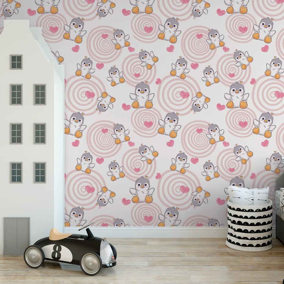 Tapeta - dziecięca, pingwiny, korona, serca