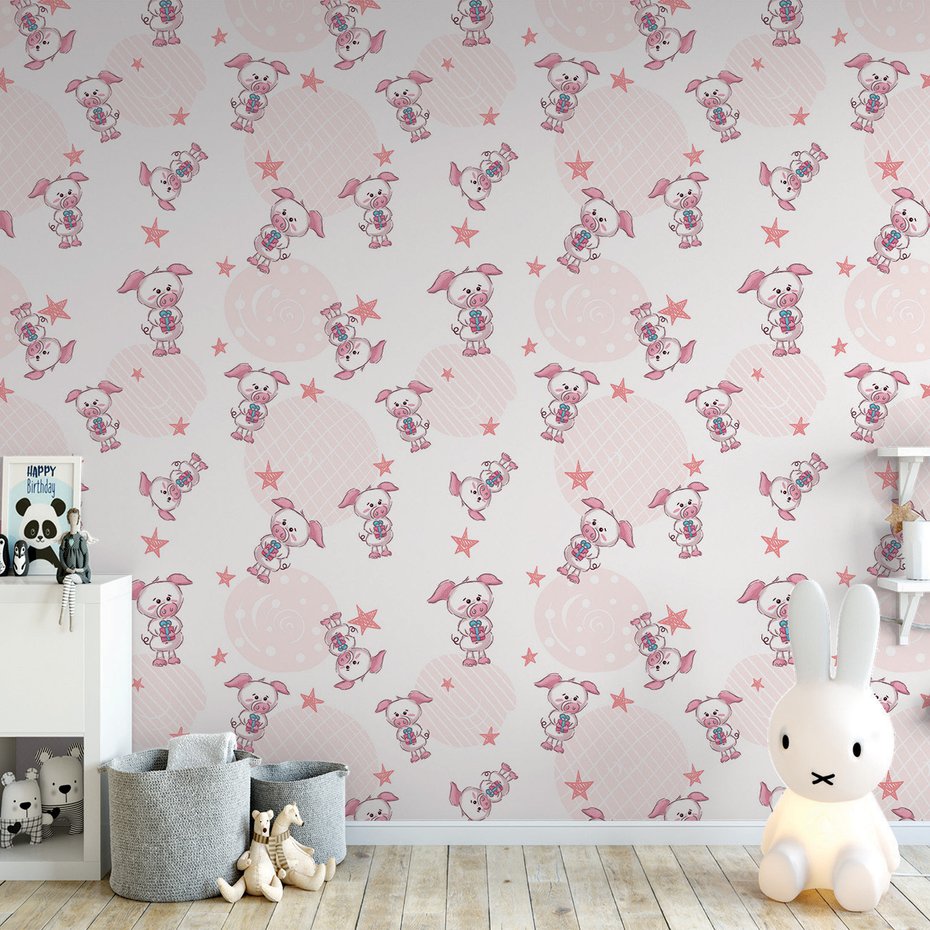 Tapeta - dziecięca, świnki, gwiazdy, prezenty