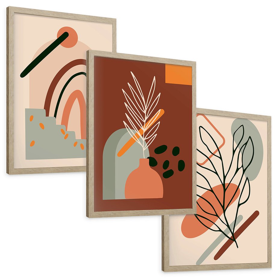 Zestaw obrazy w ramie, plakaty - abstrakcja, liście, rośliny - rama drewno