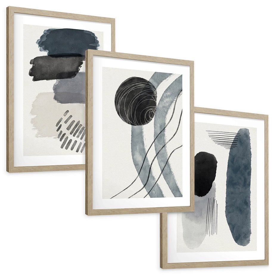 Zestaw obrazy w ramie, plakaty - abstrakcja, kształty, geometria - rama drewno