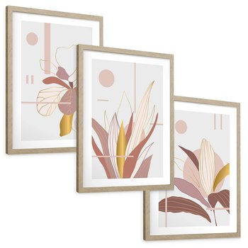 Zestaw obrazy w ramie, plakaty - liście, złoto, abstrakcja - rama drewno