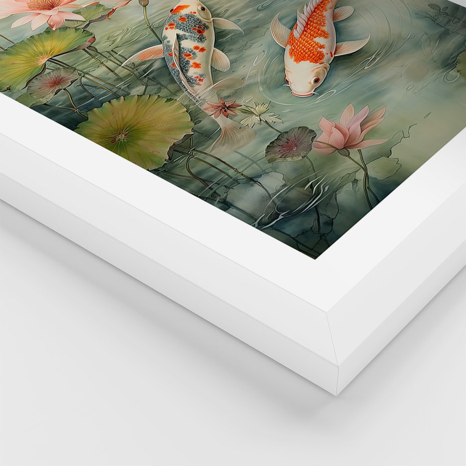 Zestaw obrazy w ramie, plakaty - kwiaty lotosu, ryby koi, azjatycka kobieta - rama biała