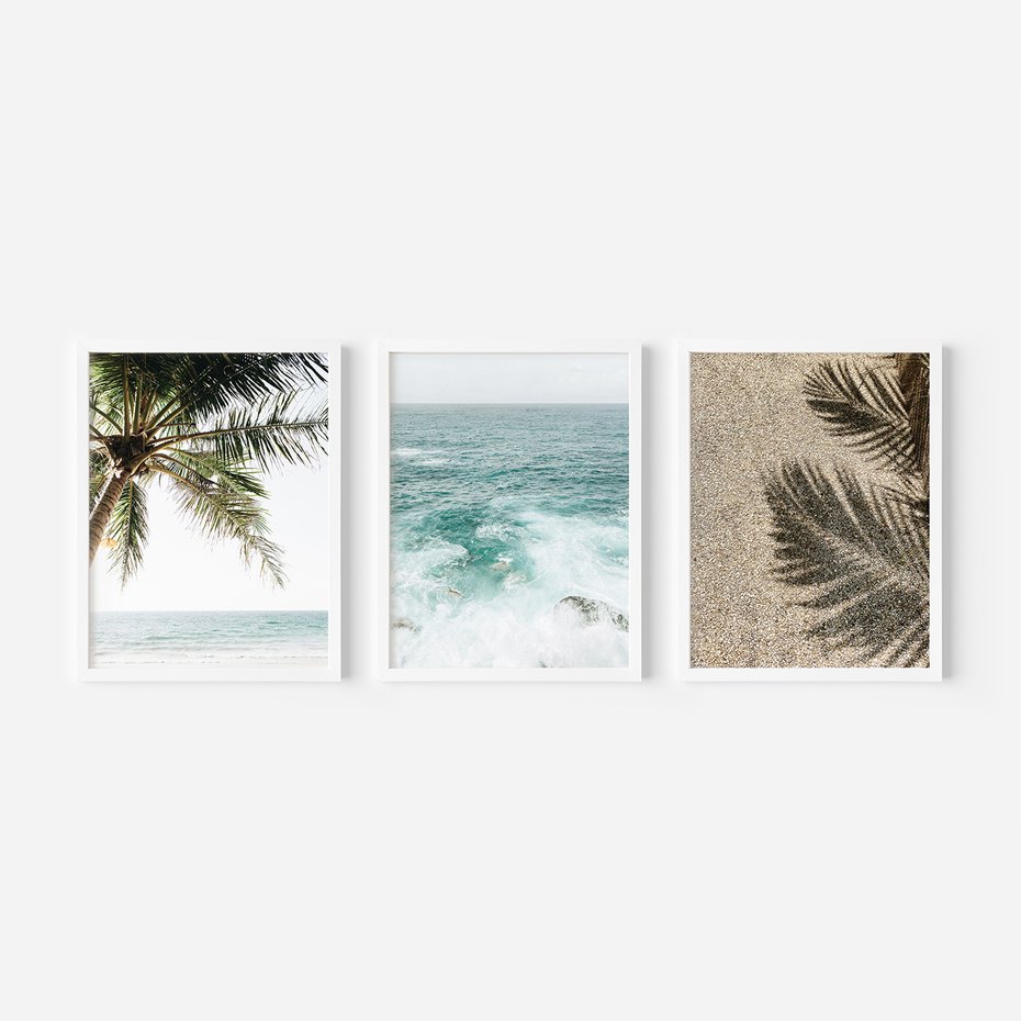 Zestaw obrazy w ramie, plakaty - palma, morze, cień - rama biała