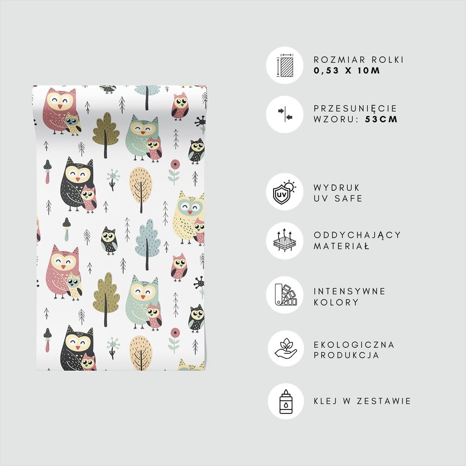 Tapeta - dziecięca, sowa, drzewo, kwiat